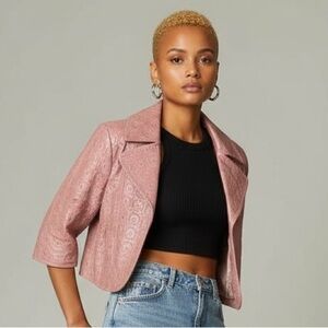 Peter Nygård Cropped Leather Jacket 3/4 Sleeve Embossed Biker Vintage Size 8